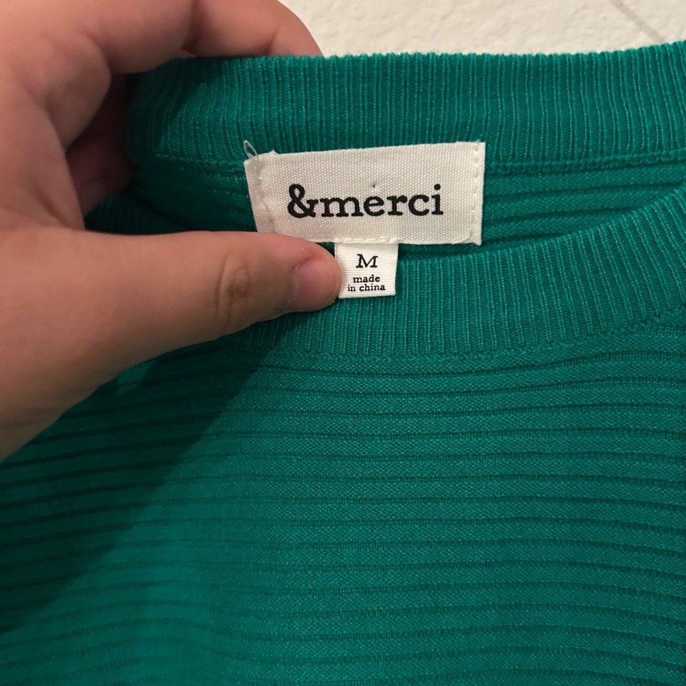 &merci Emerald Green Ribbed Knit Sweater Ruffle Puff Sleeve Boutique Medium - Picture 3 of 10